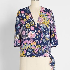 Modcloth retro blue floral wrap top NWT L